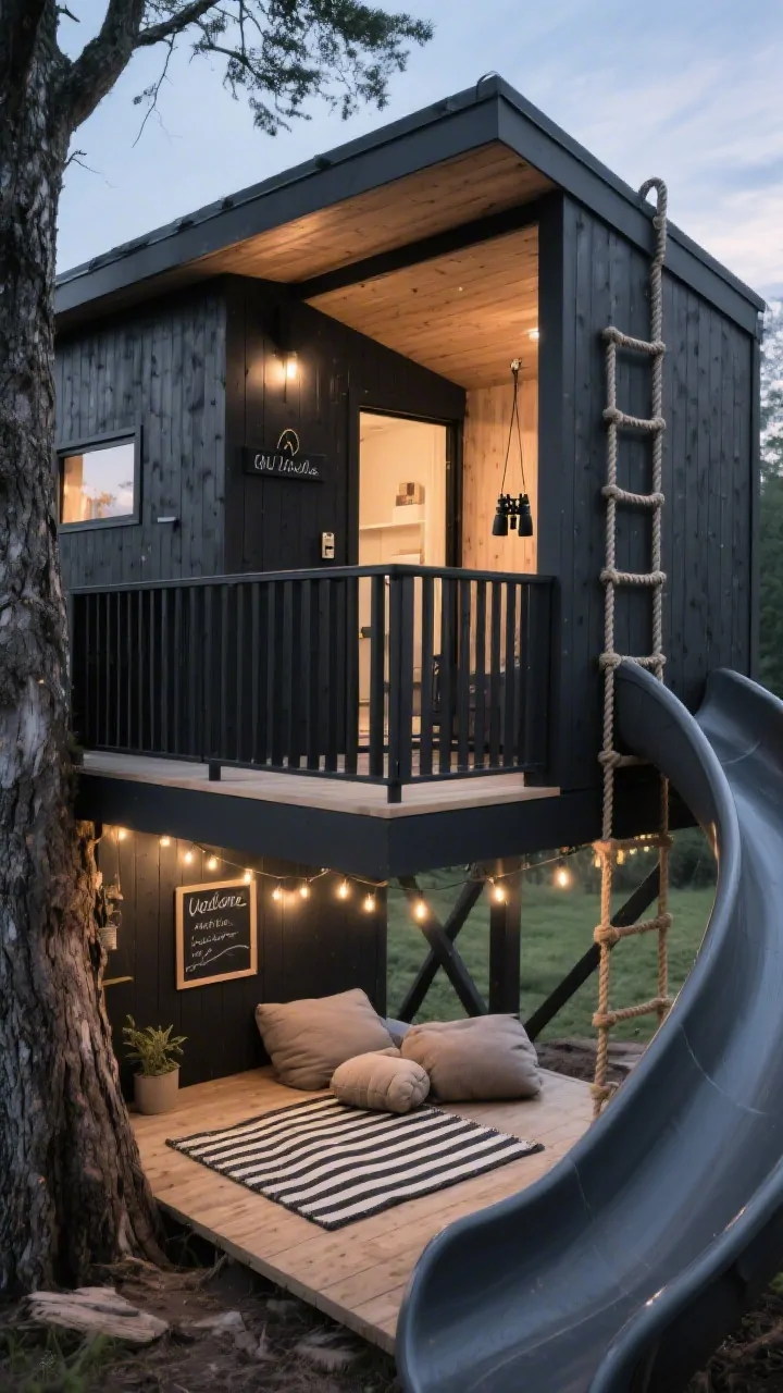 Wide exterior shot of a modern elevated treehouse loft retreat around a sturdy tree, with clean-lined soft charcoal-painted frame, natural cedar cladding, matte-black accents, and a slatted safety railing; a rope ladder on one side and a curved slide on the other; inside the loft visible through the railing: a striped outdoor rug, chunky floor cushions, and warm solar fairy lights glowing under the eaves; include a small chalkboard welcome sign, a binocular hook, and a discreet hinged trapdoor with soft-close hardware; twilight lighting for cozy ambience; minimalist Scandinavian cabin chic, wood-and-black palette; no people, photorealistic.