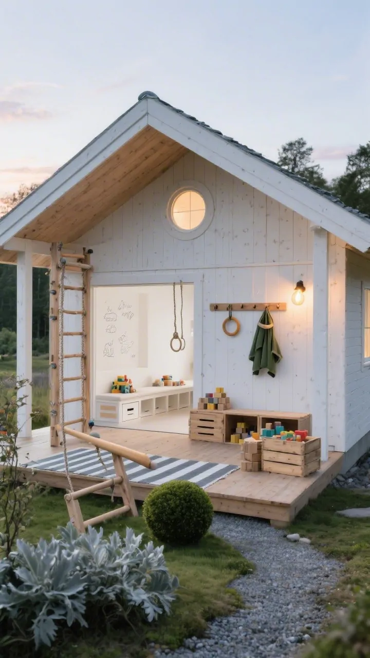 Wide exterior shot of a Scandinavian play cabin and nature gym at early evening: minimal pine cabin with crisp white-and-oak facade and round porthole windows; out front, a nature gym with rope ladder, rings, and a smooth-log balance beam; calm landscaping of silver-leaf plants, gravel paths, and boxwood spheres; porch with a striped outdoor runner; inside glimpse shows chalk-white interior, bench seating with built-in toy drawers, and peg rail for capes; wooden crates for block building on the porch; warm Edison-style sconce casting Hygge glow; palette of white, pale oak, soft gray, muted green; clean lines, open floor, photorealistic.