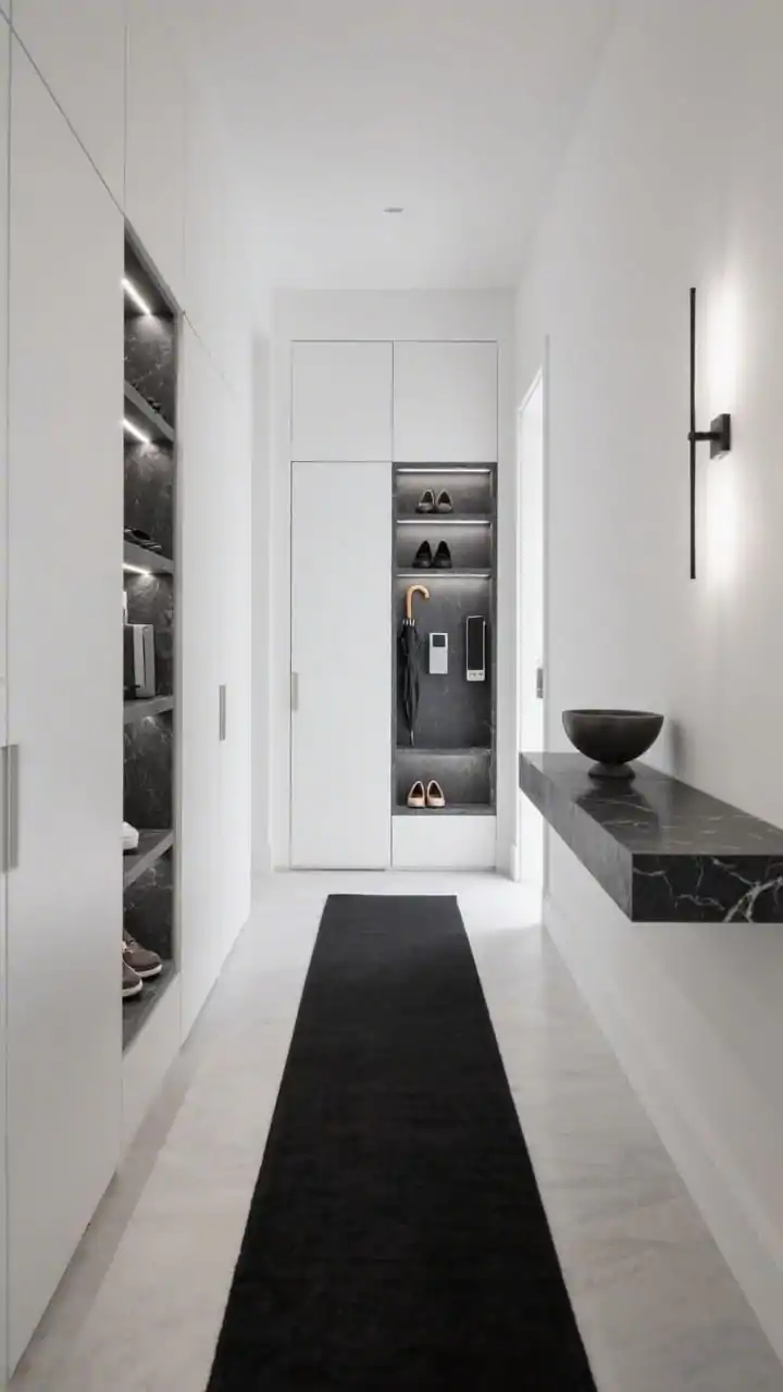 Wide, gallery-clean monochrome hallway, straight-on: a wall of painted-to-match niches with seamless flush cabinet doors nearly invisible; one panel open to reveal tailored cubbies for shoes, umbrellas, and tech, each illuminated by discreet LED strips; opposite wall features a low-profile floating console slab in honed black stone with a single sculptural bowl; bold black-and-white runner stretching down the hall; pin-thin linear sconce casting precise light; palette soft white, deep black, subtle grey; finishes micro-textured paint, honed stone, hidden hardware.