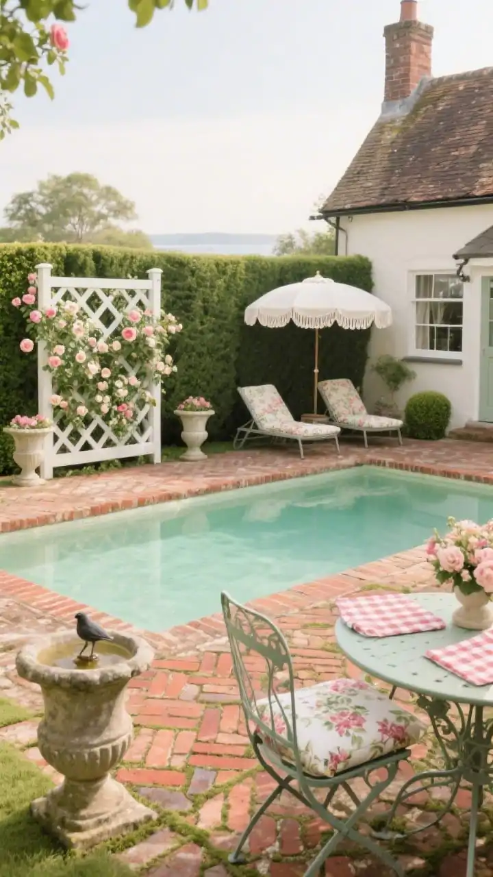 Wide, garden-level view of a cottage plunge with brick herringbone charm: petite rectangular pool with soft sea-glass interior finish giving pale green water, bordered by reclaimed brick in a herringbone pattern with moss-softened joints; white-painted trellis with climbing roses or jasmine, neat boxwood hedges; vintage-look metal loungers with floral cushions under a scalloped umbrella; cast-stone urns and a small birdbath fountain, a bistro table set with gingham napkins; soft morning light, palette of sage, cream, brick red, blush florals; photorealistic.