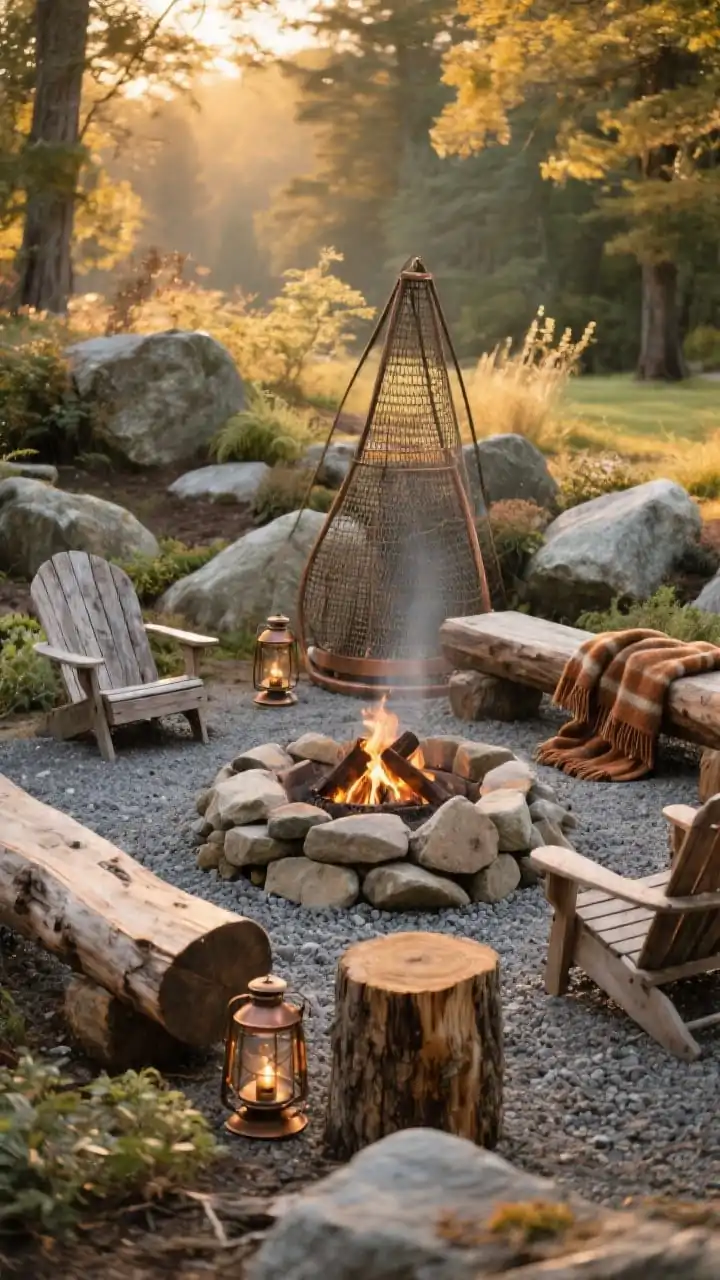 Wide, ground-level shot of a rustic stone campfire scene: an irregular fieldstone stacked fire ring on a decomposed granite and gravel base, surrounded by rough-cut log benches, a couple of weathered Adirondack chairs, and stump seats; native plantings tucked among boulders; bronze lanterns and a folded wool throw with warm earthy tones on a log; a mesh spark screen leaning nearby; golden-hour light emphasizing natural textures and warm color palette with copper accents, no people