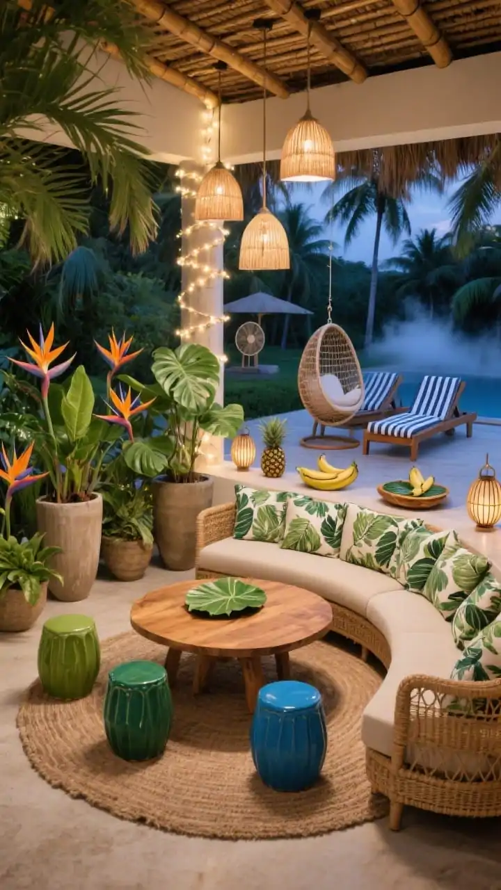 Wide, immersive corner angle: A tropical resort nook with a curved rattan sectional fitted with leafy-print cushions around a round teak table. Perimeter lined with bird of paradise, palms, and philodendron in tall, tapered planters for lush layers. A natural-fiber rug grounds the seating, while bright ceramic stools in emerald and cobalt add pop. Overhead, bamboo pendant lights hang, and beam posts are wrapped with fairy lights for a dreamy glow. A hanging egg chair and teak loungers with striped towels sit beyond. Banana-leaf trays and pineapple-shaped lanterns as accents, with a misting fan softly visible in the background. Humid twilight ambiance, photorealistic.