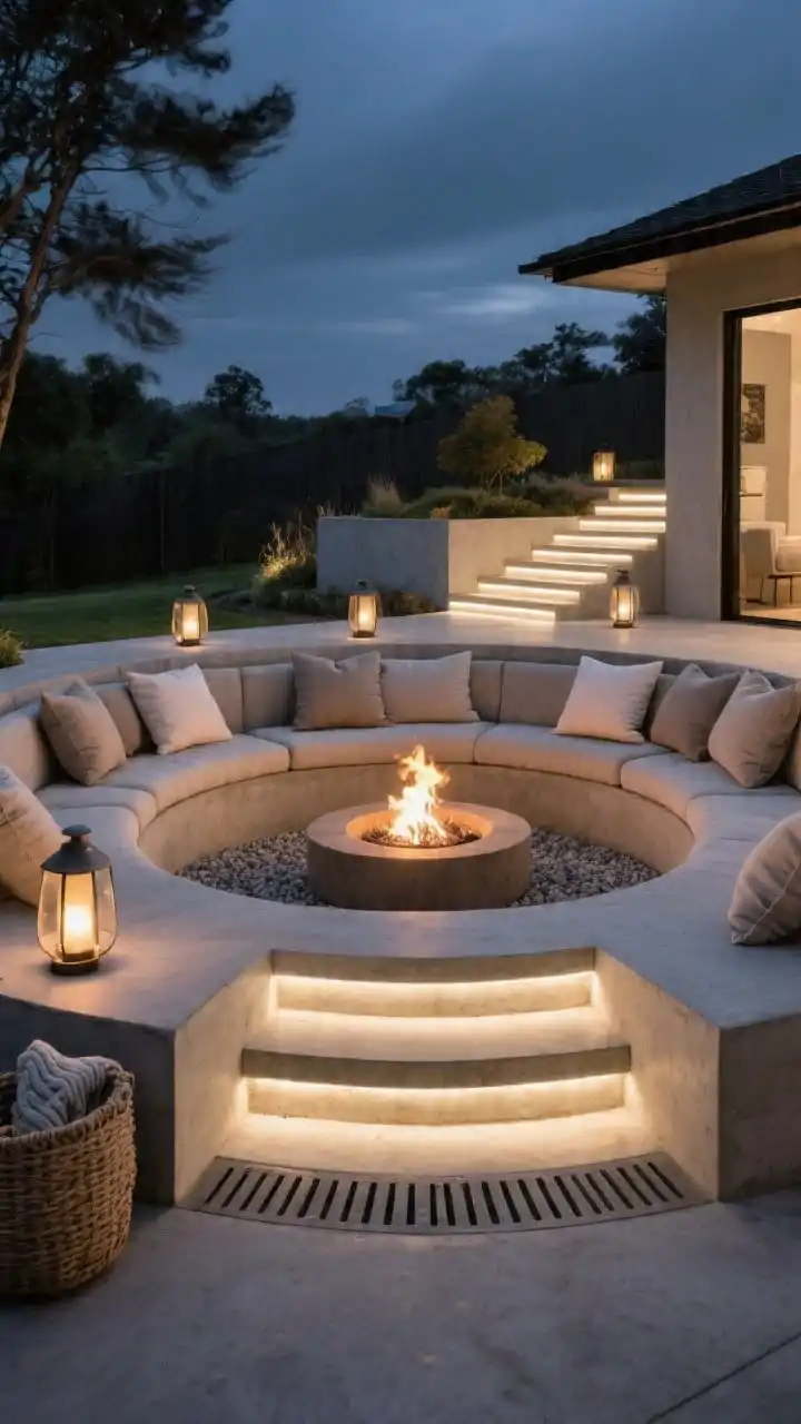 Wide, immersive shot of a sunken fire pit lounge: a recessed circular conversation pit lined with smooth poured concrete walls and built-in cushioned seating, layered pillows in muted neutrals, a central gas fire feature; broad, step-safe stairs with concealed LED strip lights; low lanterns and a woven throw basket within reach; subtle landscape lighting beyond; visible French drain grate or gravel sump detail at the lowest point for drainage; nighttime, wind-sheltered mood, no people