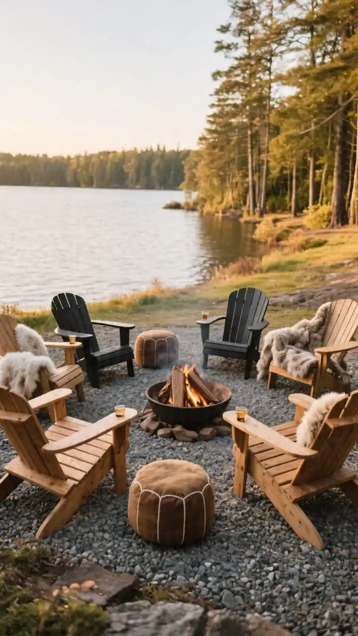 Wide lakeside-inspired scene with Adirondack campfire chic: a ring of Adirondack chairs around a wood-burning pit on gravel; mix of natural wood-toned chairs and matte-black composite chairs for contrast; small ottomans and poufs placed in front of a few chairs; sheepskin-style faux throws tossed over chair backs; rustic, unfussy vibe with forest edge in background; golden hour light; slightly elevated corner angle to capture color mix and wide armrests as drink perches.