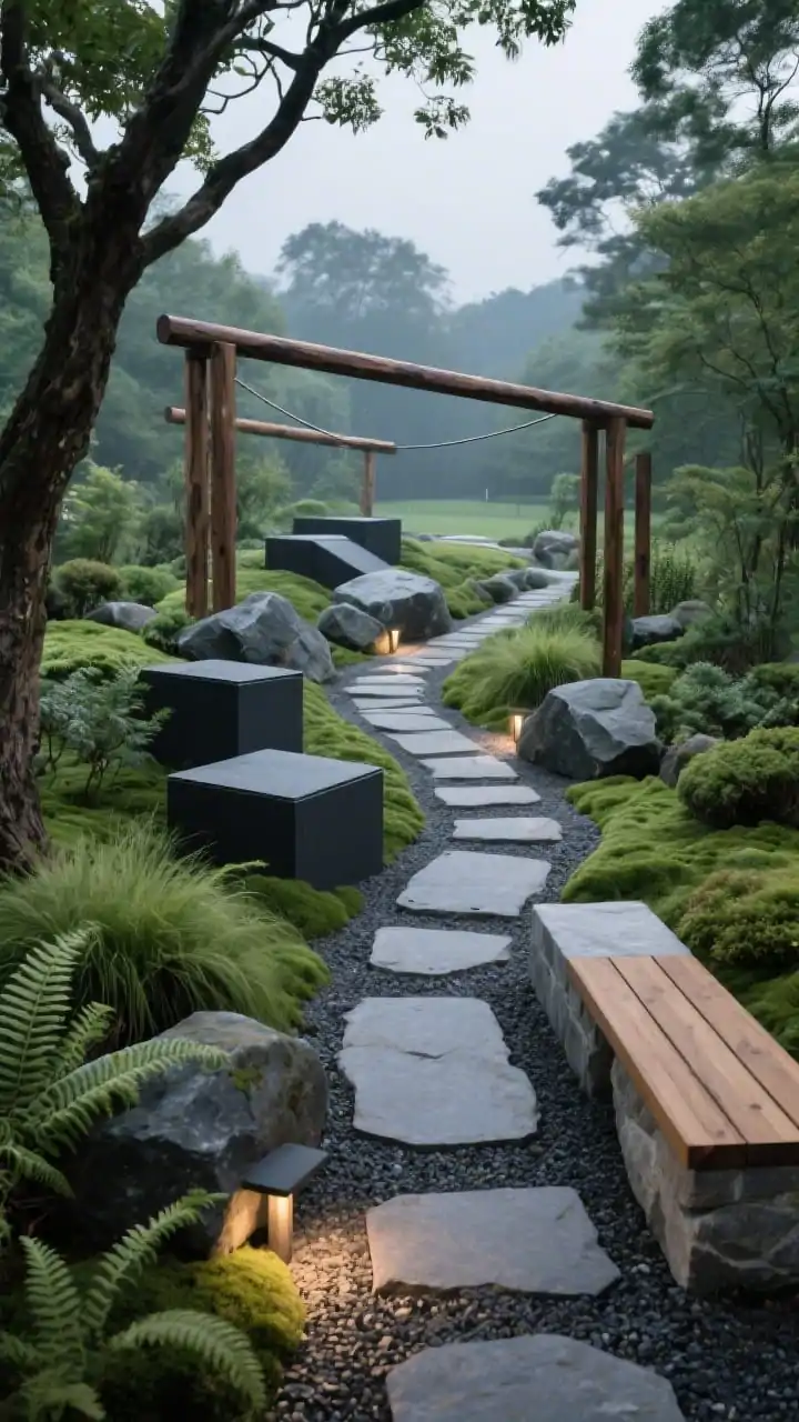 Wide landscape shot, low perspective: A nature-integrated parkour trail weaving through greenery stained timber balance beams, stacked boulders, concrete stepping plinths forming a flowing path. Colors: moss, stone, charcoal, natural wood. Key elements: vault boxes, precision jump pads, and a low slackline stretched between timber posts. Seating: stone ledges and a simple teak bench tucked under a tree. Plantings of ferns, Japanese forest grass, and low junipers soften edges; discreet ground lights set into gravel guide the course at twilight. Minimalist garden aesthetic with kinetic potential, no people.