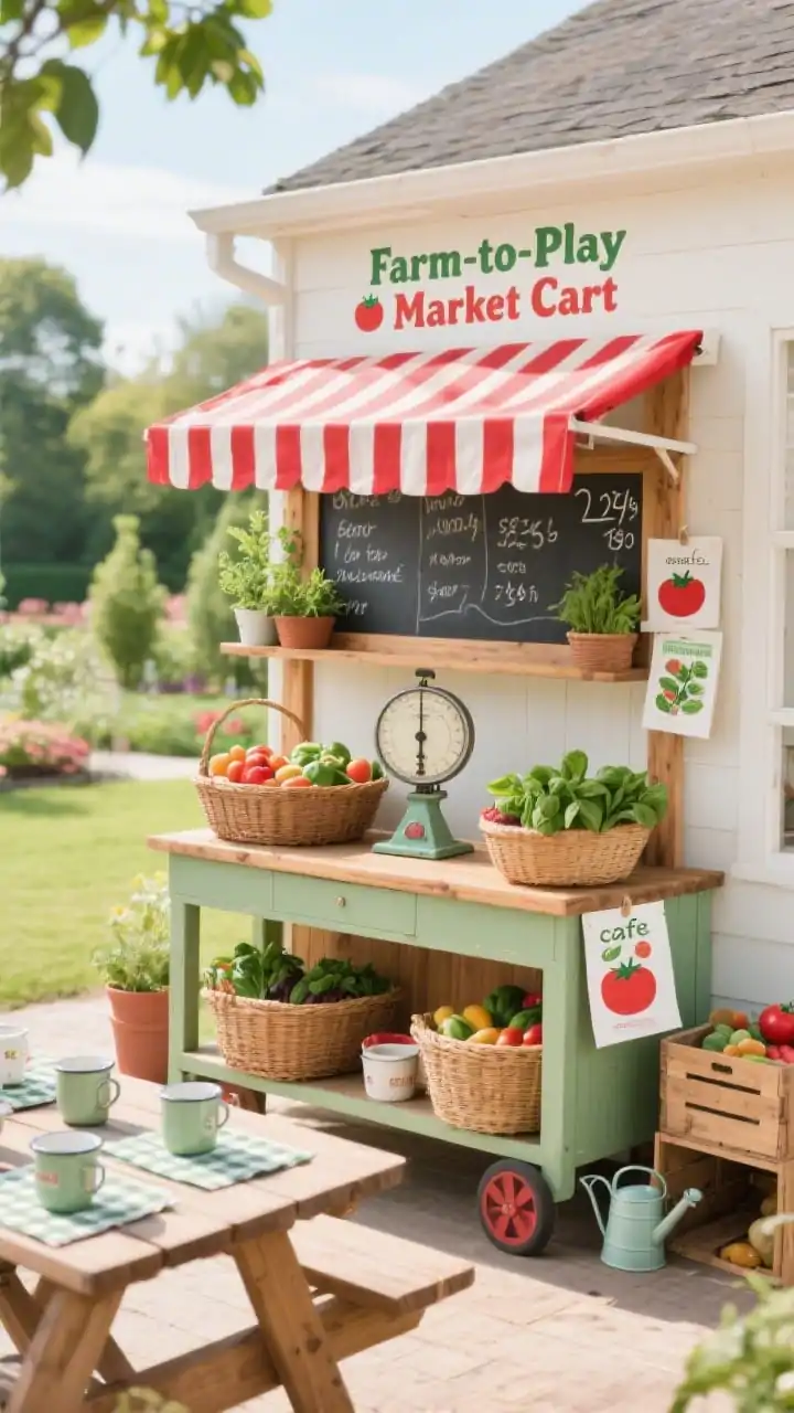 Wide, market vignette of a “Farm-to-Play Market Cart”: a two-tier cedar stand with chalkboard price signs, a striped tomato-red awning overhead; herb planters tucked around the base; wicker baskets brimming with play produce; a vintage scale centered on the lower tier; nearby a low picnic table set as the “cafe” with gingham placemats and enamel mugs; seed packet art clipped to the stand, crate storage and mini watering cans at the side; palette of tomato red, basil green, cream, natural wood; bright morning garden light, no people, photorealistic.