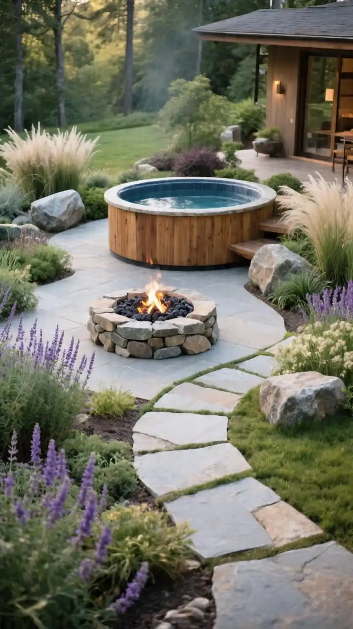 Wide, natural daylight: A nature-forward retreat featuring a round cedar hot tub nestled among lush landscaping. A stone fire pit built from mixed stone (one primary with a subtle accent) sits on a naturalistic patio. Curved flagstone pathways arc gently between tub and fire area, weaving through wild-but-edited plantings: native perennials, lavender, salvia, and feather reed grass. A few strategically placed boulders appear timeless. Optionally show propane fire with lava rock for rugged look without ash. Organic modern mood.