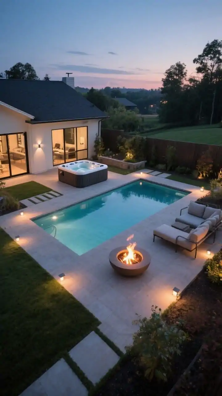 Wide overhead dusk shot of a modern backyard arranged in a loose “thermal triangle”: a hot tub placed closest to the house patio doors, a rectangular pool centered with clear sightlines from the interior, and a fire pit lounge set slightly off to the side as a destination. Include subtle path lighting along routes between elements spaced within 20–25 feet, clean-lined hardscape, and warm evening ambience with glowing water and a low, modern gas fire pit. No people.