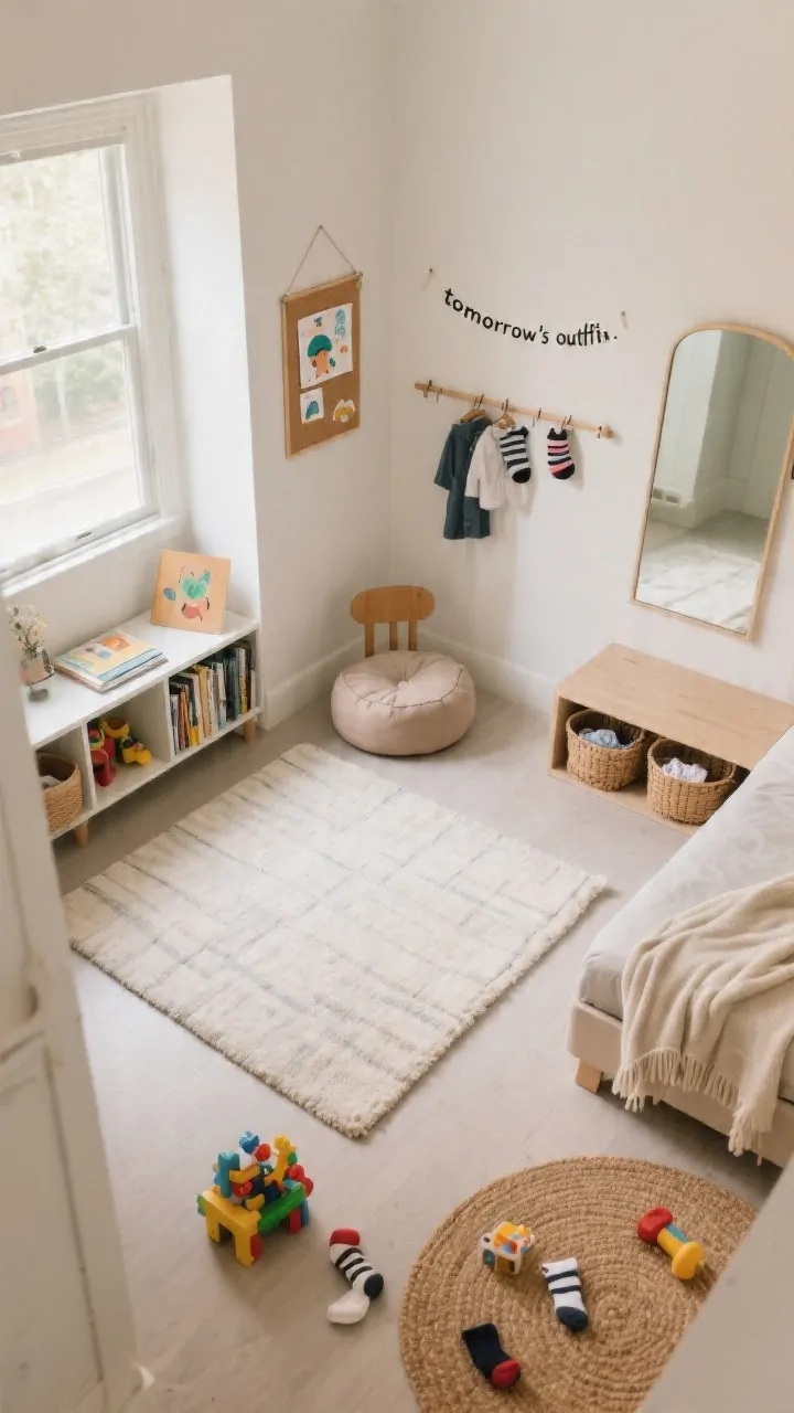 Wide overhead/plan-like angle of a small room smartly zoned: Distinct areas defined by rugs and placement. Play Zone: a rectangular washable rug with a low toy shelf along one wall. Reading Nook by a window: a round rug, a floor cushion/mini chair, a front-facing bookshelf, and a cozy throw catching natural light. Dressing Corner: a low mirror, small baskets for socks and undies, and a short rail with “tomorrow’s outfit.” Art Spot: a clip string and small cork board displaying kid art. Open floor space left clear in the center for play. Soft, neutral color palette connecting the zones.
