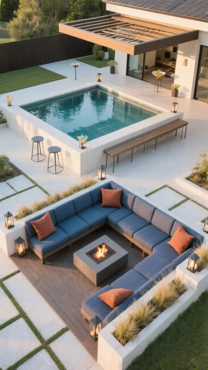 Wide overhead shot capturing a raised cocktail pool and adjacent sunken lounge: compact raised pool with glassy waterline and built-in bench seating along two sides, slim powder-coated stools tucked at a corner where the edge serves as a drink perch; next to it, a slightly lower sunken conversation lounge wrapped in composite decking with a central fire bowl, sectional upholstered in slate-blue performance fabric with rust pillows, a cantilevered pergola casting soft shade; composite decking and porcelain pavers, lantern clusters and low-profile planters with dwarf grasses; late afternoon light, photorealistic.