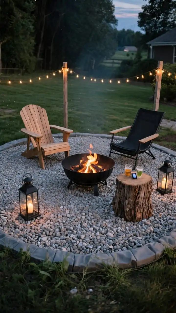 Wide overhead shot of a budget-friendly gravel fire pit circle in a backyard: a 12–14 ft diameter zone with compacted crushed gravel over a visible edge of weed barrier at the perimeter, a simple black store-bought metal fire pit at center, seating mix of two cedar-stained Adirondack chairs and two black sling chairs spaced safely back from the flames, a rustic tree-stump side table with drinks, solar string lights draped between posts, a couple of black metal lanterns on the gravel, twilight lighting with warm glow on the gravel texture, no people