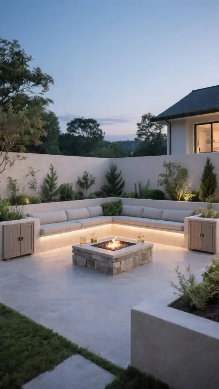 Wide, polished patio with built-in vibe: a stone or stucco low wall wraps a drop-in burner, doubling as seating with a ledge for drinks. L-shaped bench seating with hidden storage fronts the area, and modular matching outdoor cabinets flank a freestanding pit for “built-in lite” symmetry. Planting pockets overflow with herbs and evergreens to soften hardscape. Subtle integrated lighting, balanced and serene. Straight-on panoramic view at twilight, photorealistic.