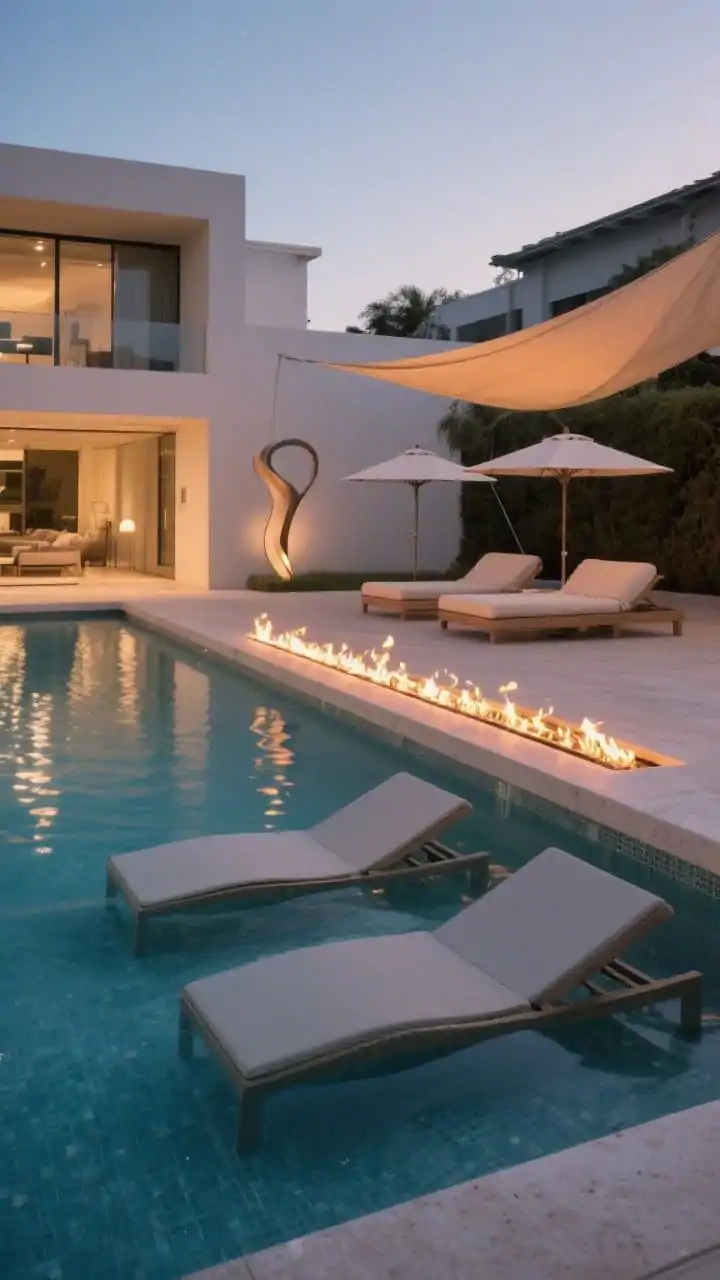 Wide poolside shot highlighting a Baja shelf (9–12 inches deep) with two submerged loungers on a non-slip tile or fine aggregate finish. A slim linear fire feature runs parallel to the pool edge for sleek symmetry, with shimmering water-and-flame reflections at dusk. Include two sculptural umbrellas or a taut shade sail nearby for a resort daybed vibe. Warm evening glow, clean modern detailing. No people.