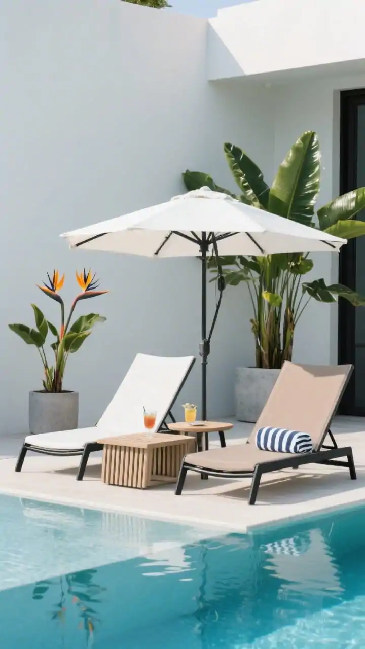 Wide poolside view at low eye level: two adjustable chaise loungers in white and taupe with matte black frames, slightly angled to the pool; a low-profile slat coffee table centered between them, individual nesting side tables by each chaise holding a drink and a striped cabana towel; a sleek cantilever umbrella casts generous shade over both loungers; large glossy-leaf plants like bird of paradise in a simple pot and a concrete planter anchor the scene; minimalist, resort-like styling with crisp sunlight and soft pool reflections.