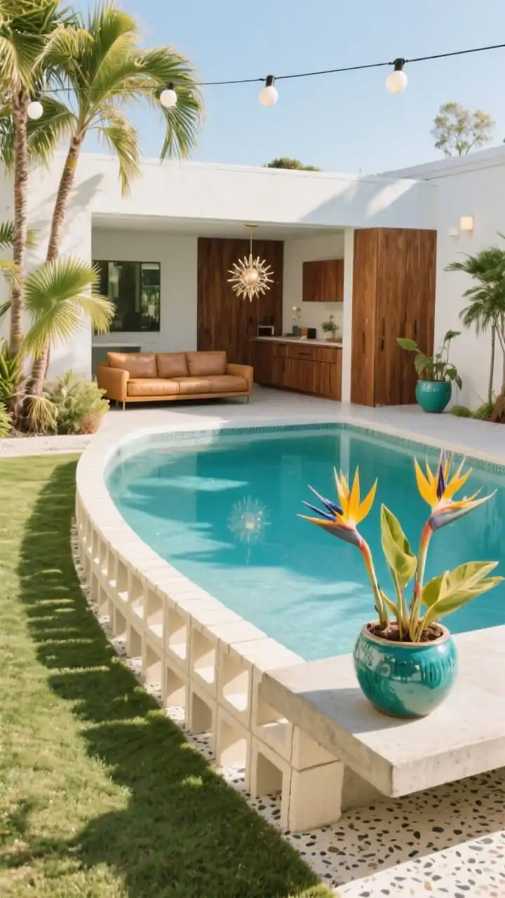 Wide retro garden-and-pool scene: kidney-shaped pool beside a run of cream breeze blocks casting graphic shadows; sculptural planting of bird of paradise, yucca, and fan palms; pops of color in glazed ceramic planters; cantilevered concrete diving pad and globe string lights overhead; interior sightline of warm walnut cabinetry, terrazzo flooring, and a low leather sofa with a sputnik pendant; palette walnut, teal, mustard, crisp white; bright midday light, playful mid-century vibe, slight corner angle.