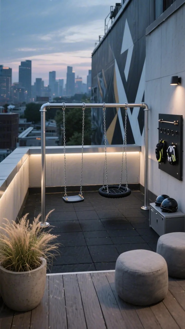 Wide rooftop scene with compact galvanized swing rail between two parapet-safe posts above rubber pavers: two high-back belt swings with coated chains and a slim saucer swing that clips off, wall-mounted folding hangboard nearby. Safety details visible: wind-rated posts, corner bumpers, equipment cap stored to the side. Black-and-zinc metals, large concrete planters with ornamental grasses, graphite outdoor poufs, slim deck box for helmets and gloves. Low-glare strip LEDs along the rail illuminating a bold geometric mural backdrop. Overhead-oblique perspective, twilight city ambiance, photorealistic.
