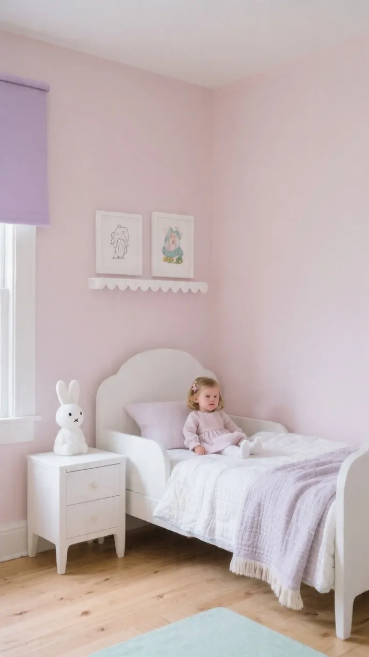 Wide room shot: A serene toddler girl’s bedroom in soft storybook pastels with a muted palette gentle pink walls in barely-there blush with matte finish, accents of dusty lilac and whispery mint. Natural light diffused softly, no glare. A white toddler bed layered with a quilt and a breathable cotton duvet, plus one snuggly throw only. A small white scalloped wall shelf holding framed storybook prints and simple line drawings in white frames. A cute bunny lamp on a low white nightstand. Minimal decor with only two accent colors to keep cohesion. Clean floors, light oak wood, airy and uncluttered. Photorealistic, straight-on view, calm bedtime mood.