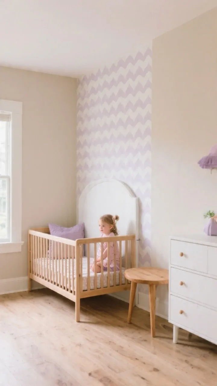 Wide room shot: A toddler room with three walls painted warm beige and a fourth accent wall in patterned wallpaper with subtle dusty lavender scallops; muted blush, soft sage, and dusty lavender accents throughout. White and natural wood furniture keep the look airy and modern: a natural wood crib-turned-toddler-bed, a white dresser, and a small natural wood side table. Low-VOC matte paint finish with a gentle, soothing ambiance. Soft morning natural light from a window, light oak floors, minimal decor, and a washable look, emphasizing a timeless, calm foundation that can grow with her.
