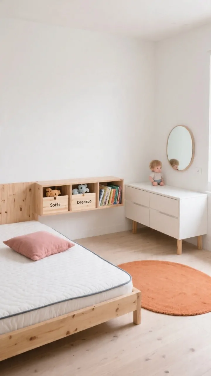 Wide room shot: Minimalist Montessori toddler bedroom with floor bed on a low natural wood frame, padded mattress with a firm edge. Open low shelves in natural wood with exactly three labeled bins: Soft Toys, Books, Dress-Up, each with picture labels. Palette is natural wood, white walls, and a single accent color terracotta used for a small rug and a pillow; dusty rose omitted to keep one accent. A small mirror mounted at toddler height near a simple white dresser. Clutter-free surfaces, everything at child level, soft indirect daylight. Photorealistic, overhead-corner perspective emphasizing accessibility and order.