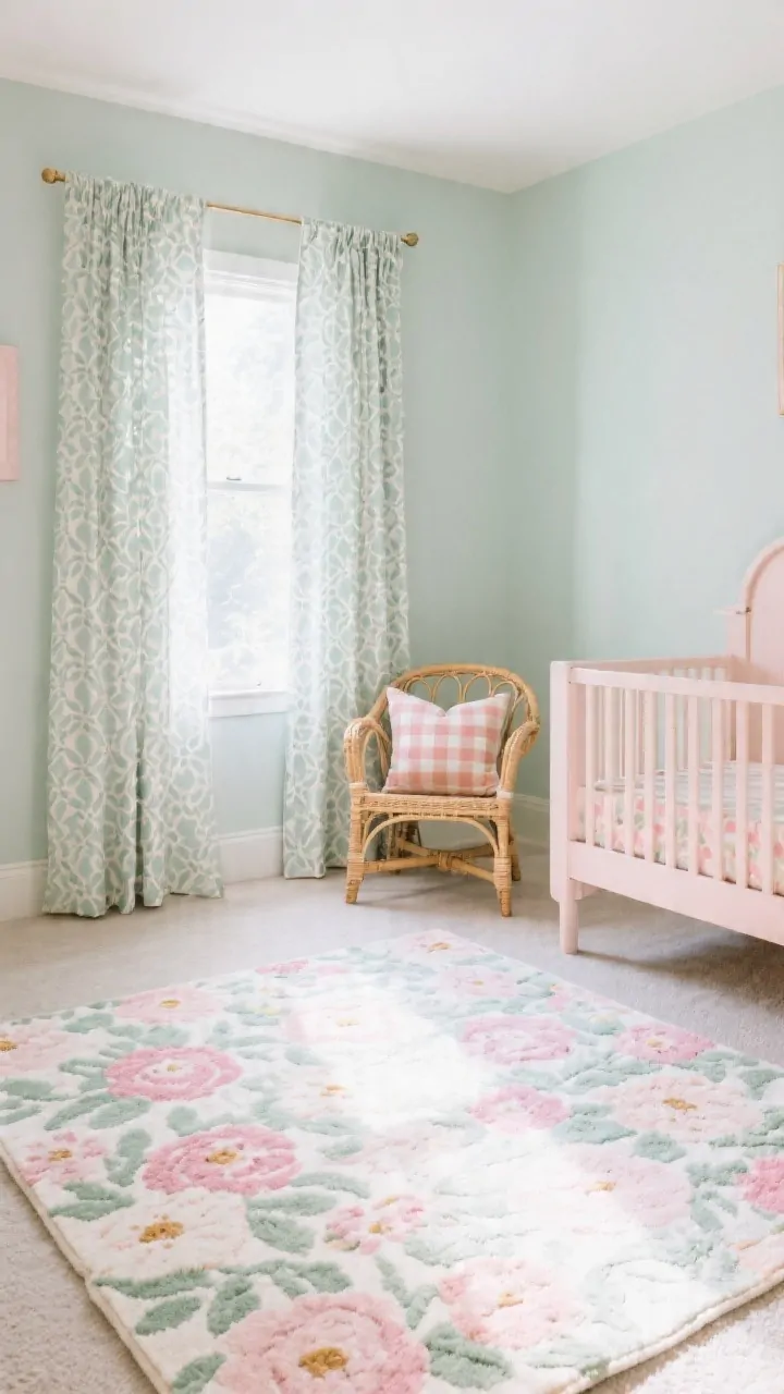 Wide room shot: Pattern play in a toddler room anchored by a large washable floral rug in blush and sage; airy blackout curtains with a medium-scale subtle pattern; a small gingham pillow (tiny print) on a rattan chair; color repetition shows blush or sage appearing in 2–3 spots; balanced pattern scales (large rug motif, medium curtains, small pillow); bright natural daylight and tidy floor.