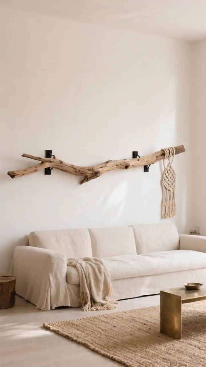 Wide room shot, straight-on view: A soft white or clay-toned living room wall with a long, sculptural driftwood branch hung horizontally above a neutral linen sofa; the branch spans roughly two-thirds the sofa width. Discreet matte black brackets mount the wood, with a few strands of chunky macramé draped from one end to balance its asymmetry. The scene features sand and oat textiles, a jute rug, and brushed brass accents. Natural daytime light washes the wall, highlighting the driftwood’s rugged grain and knots; no people.