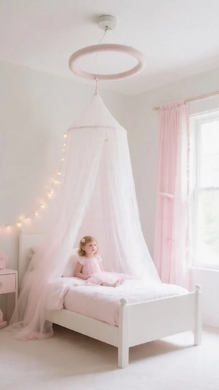 Wide shot: A bright, airy toddler girl bedroom with a small bed beneath a whispery sheer canopy made of ivory voile draping from a simple ceiling hoop above the headboard; soft natural daylight fills the room, the sheer fabric floats lightly without blocking light, delicate blush and barely-there pink tones in the curtains, optional thin ribbon accents and a subtle strand of fairy lights layered lightly along the edge; clean, minimal styling with safety-conscious ceiling mount visible as a sturdy ring anchored into the ceiling; mood: floaty, romantic, calm; photorealistic, no people.