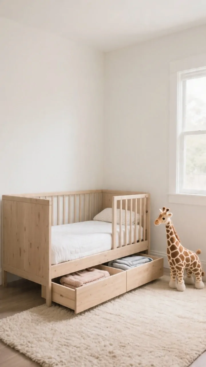 Wide shot: A toddler room featuring a convertible crib in neutral natural wood with clean lines, staged in crib mode beside a matching low-profile footboard toddler bed rail attachment lying nearby; Greenguard Gold-certified matte finish sheen; mattress set at the lowest setting; two deep under-bed drawers slightly open revealing neatly folded blankets and a plush giraffe; warm white walls, oatmeal area rug, soft morning light from a window, minimal decor for a timeless, chic look.