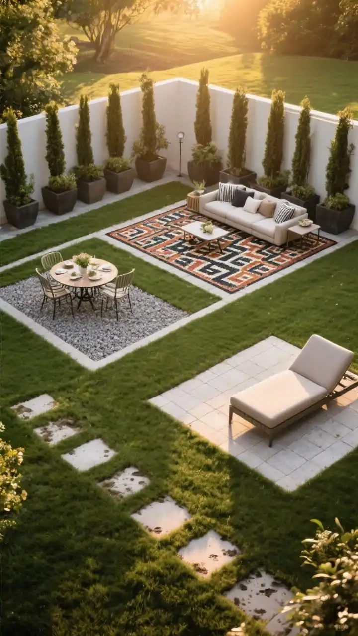 Wide shot: An outdoor lawn divided into intentional “rooms” at golden hour, with a bold-patterned outdoor rug anchoring a living-area seating zone, a gravel pad with a small bistro set creating a dining “floor,” and a chaise lounge on square pavers as a lounging nook; tall planters in a row subtly form boundaries like walls, adding height and texture; a simple stepping-stone pathway clearly connects each zone across the grass to keep shoes mud-free; warm, natural light, no people, photorealistic.