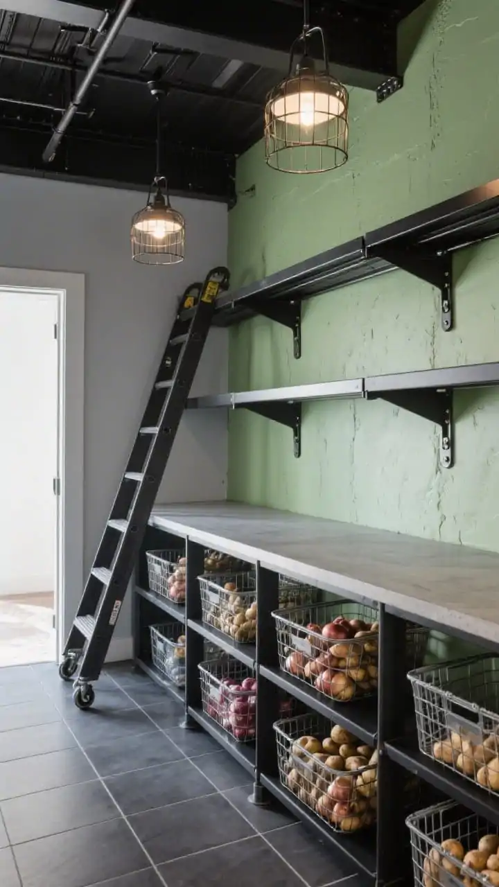 Wide shot, angled from doorway: Industrial pantry with powder-coated black steel shelving against a lime-washed gray wall, a slim concrete-look countertop, and storage in wire baskets (potatoes, onions) and clear crates for backstock. Overhead, two caged pendant lights cast a warehouse glow. Charcoal porcelain tile flooring grounds the scene, with a rolling ladder on a rail for upper-shelf access. Visible fasteners and exposed brackets emphasize raw textures of metal, wire, and rough-lime paint. Photorealistic, no people.