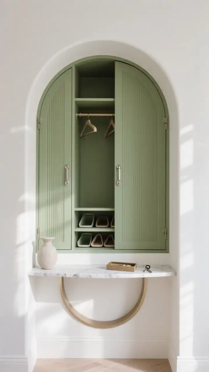 Wide shot, architectural straight-on of a built-in arched niche housing a compact armoire with eucalyptus-green fluted doors, brushed nickel tab pulls catching soft light. Inside glimpse shows adjustable shelves, a slim hanging rod, and pull-out trays for shoes. Under the arch, a crescent marble console shelf holds a tiny vase and a key tray. Soft white walls, subtle shadows emphasizing curves. Mood: contemporary classic with gentle sculptural presence. Photorealistic.