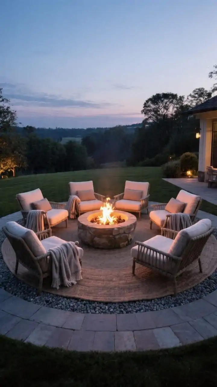 Wide shot at dusk of a classic circular fire pit setup on a round outdoor rug; four to six matching deep, slightly reclined lounge chairs with thick cushions evenly spaced 18–24 inches apart around a low, round stone fire pit; cozy throws draped over chair backs; soft natural twilight with subtle ember glow on faces of chairs; gravel or paver base underfoot; symmetrical, front-row view to the flames; straight-on perspective emphasizing the perfect circle and defined zone.