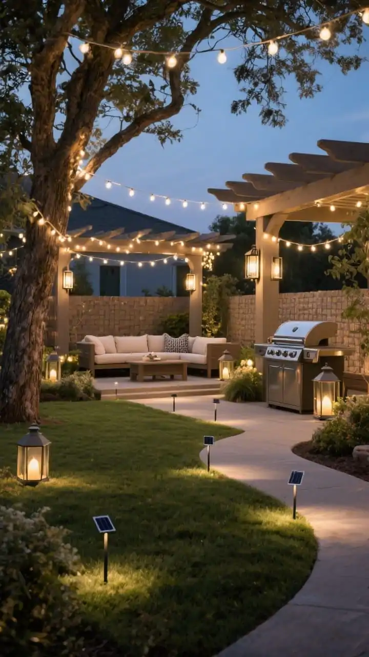 Wide shot at twilight: Layered garden lighting that transforms a yard into a lounge warm white string/festoon lights draped between trees and across a pergola for ambient glow, lanterns and sconces placed near seating and the grill for task lighting, solar stake lights tracing a curved path, and subtle uplights washing a statement tree and textured fence; avoid cool-white bulbs, emphasize cozy warm light and gentle shadows; no people, photorealistic.
