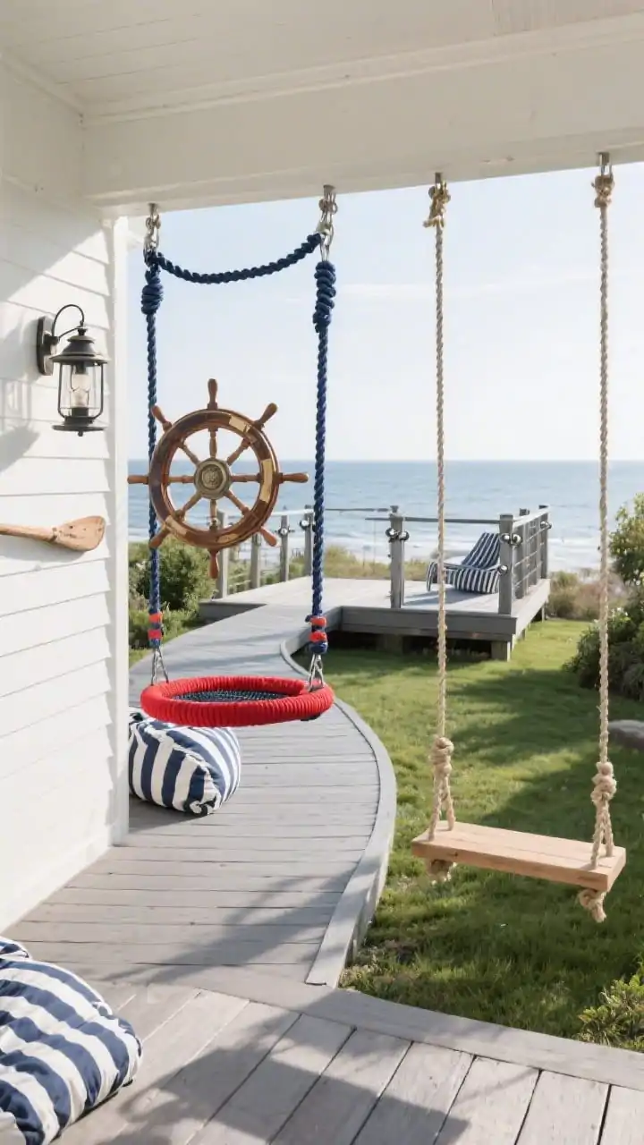 Wide shot, Backyard Boardwalk With Nautical Swings: a composite deck “boardwalk” snaking through the yard to a swing platform edged with ship’s rope railings and cleat hooks; galvanized fittings with navy braided ropes holding a captain’s wheel disc swing, a regatta-red belt swing, and a rope-and-plank swing; striped beanbags on anti-slip decking; lantern-style sconces and a weathered oar mounted as decor; navy, white, weathered gray, and signal red palette; crisp coastal daylight with subtle shadows, photorealistic.