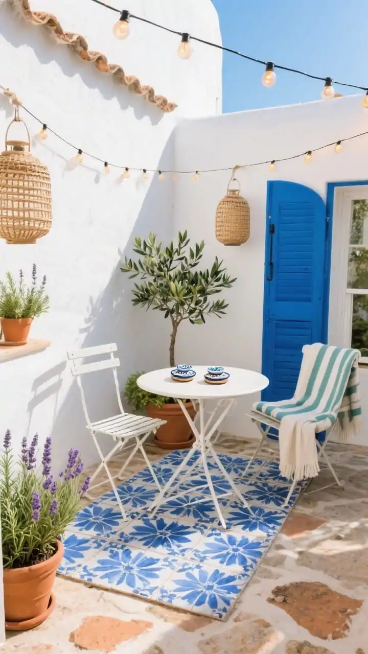 Wide shot, Breezy Mediterranean Nook: a tiny patio with a white metal bistro set (round table, two slender chairs) on a blue-and-white patterned outdoor tile rug; terracotta planters with rosemary, lavender, and a small olive tree in the corner; woven lanterns and a striped throw over one chair; ceramic coasters on the table; warm string lights draped high framing the seating; color palette of white, cobalt blue, terracotta, and olive green; textures of sun-washed stone, clay, and sea-glass tones; crisp airy daylight, no people, photorealistic.