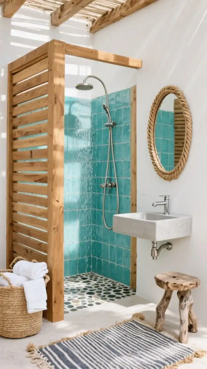 Wide shot, coastal cabana outdoor bathroom: teak slat shower enclosure glowing in sunlight, curved brushed-nickel rainfall head with matching hand shower, turquoise zellige tile backsplash behind a compact wall-mounted concrete sink with simple chrome faucet, pebble mosaic flooring underfoot, rope-framed mirror above sink, white cotton towels folded in a jute basket, driftwood stool beside a striped outdoor rug; palette of teak, turquoise, seafoam, white; natural daylight with crisp shadows; photorealistic, straight-on view.