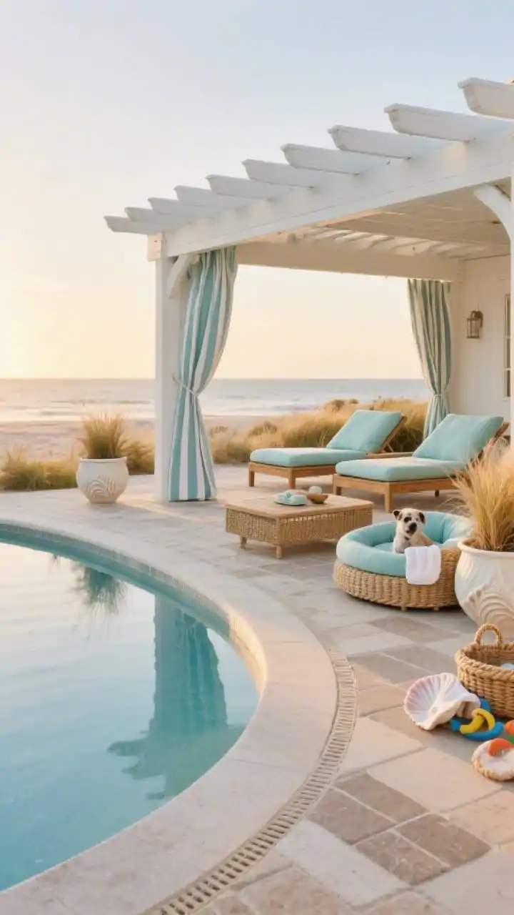 Wide shot, coastal cabana poolscape at golden hour: a breezy curved pool with rounded edges, surrounded by textured non-slip porcelain pavers that look cool and gentle on paws; palette of soft whites, sea-glass blues, and sandy taupes. Whitewashed pergola with striped cabana curtains fluttering, teak loungers with marine-grade pale aqua cushions, a woven rope coffee table, and a raised shaded pet bed tucked beneath the pergola. Shell-inspired planters with hardy grasses and an outdoor basket for towels and toys; subtle hidden drainage lines visible between sealed pavers; calm beachy mood, photorealistic.