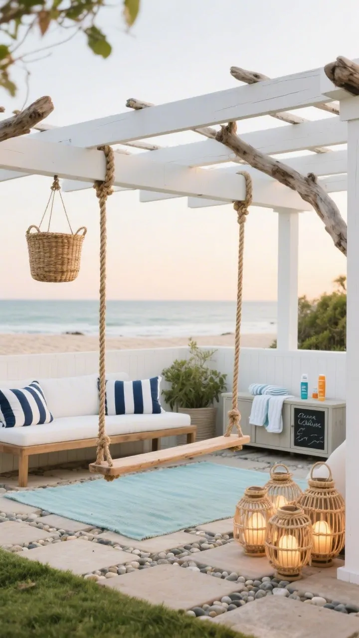 Wide shot, Coastal Cabana Swing Court: a breezy backyard scene with a whitewashed pergola and driftwood-toned swing beams supporting rattan basket swings and a classic plank swing hung with thick rope; pebble-finish pavers underfoot with a pale blue outdoor rug; striped navy-and-white cushions on a low teak bench; a rope-wrapped lantern cluster casting a warm sunset glow; slim outdoor storage console for towels, sunscreen, and chalk; color palette of seafoam, sandy beige, crisp white, and navy accents; beachy, airy mood, photorealistic.