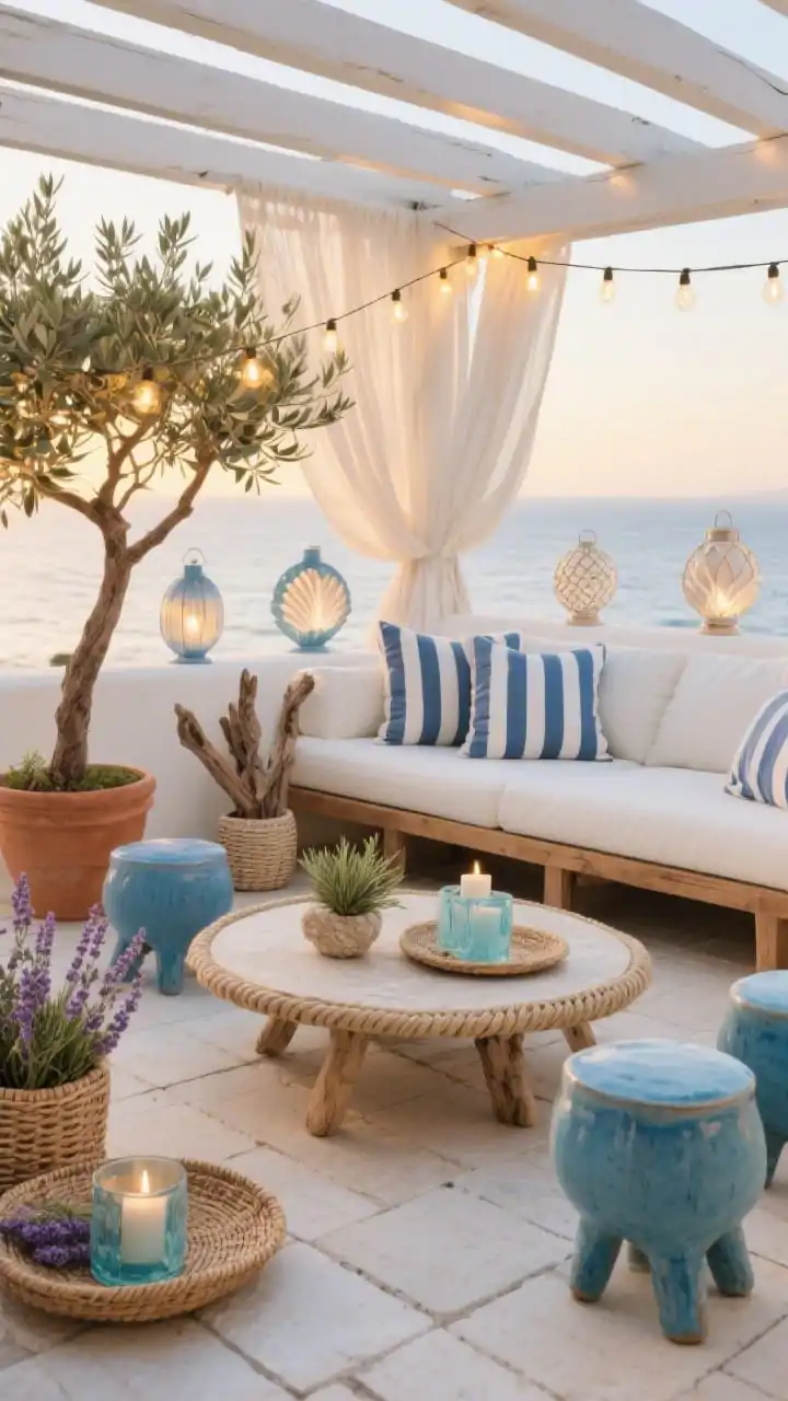 Wide shot, Coastal Capri Lounge at golden hour: a whitewashed deck with pale stone pavers, a low-profile natural teak sectional topped with plush indigo-and-white striped cushions, anchored by a round rope coffee table and scattered cerulean ceramic garden stools; a pergola with billowy sheer outdoor curtains swaying; capiz shell lanterns, driftwood planters, and woven raffia trays styled on the table; olive tree in a terra-cotta pot, rosemary, and lavender nearby; warm Edison string lights in gentle scallops and bluish hurricane candles glowing; color palette of white, sand, indigo, and sea glass; crisp, breezy coastal mood, photorealistic.