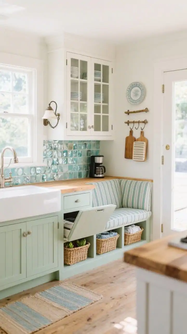 Wide shot, Coastal Cottage With Banquette Pantry: Light, breezy kitchen featuring soft sage beadboard lower cabinets, warm white uppers with glass fronts, butcher block counters, and a sea-glass mosaic backsplash that shimmers. By a sunny window, an L-shaped built-in banquette upholstered in striped performance fabric; seat tops flipped up to reveal deep storage bins for bulky appliances and bakeware. Narrow drawers along the banquette base for placemats. On one wall, two plate racks above a shallow console that doubles as a coffee station, with woven belly baskets tucked beneath for produce and linens. Include a vintage-inspired swing-arm sconce over the sink and a ladder-style rack near the door holding cutting boards and trays vertically. Soft coastal palette of sage, warm white, sand, sea-glass blues; bright natural daylight, corner angle, photorealistic.