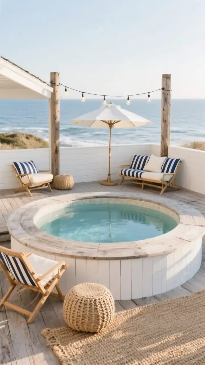 Wide shot, coastal deck nook scene: a compact round above-ground pool set snugly inside a low weathered wood platform with horizontal sun-bleached boards, finished with simple white-painted trim rim; styled with striped navy-and-cream cushions on teak sling chairs, braided jute poufs, a woven outdoor rug framing the pool, a white market umbrella in one corner for shade, and string bulb lights hung between two cedar posts; palette of soft driftwood, crisp white, and navy accents; late-afternoon natural light with a gentle seaside breeze mood; photorealistic, no people.