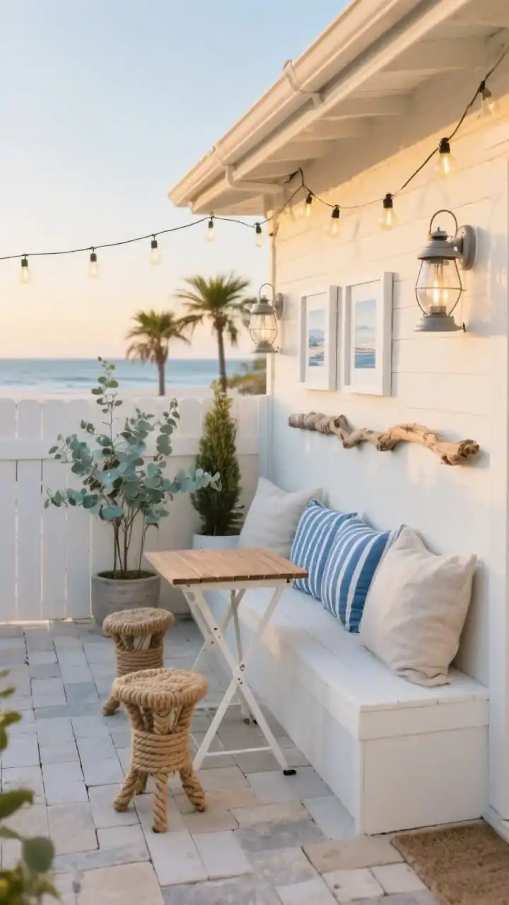 Wide shot, coastal narrow nook side patio: a slim white bench against a fence with striped blue cushions and linen pillows, a compact folding teak bistro table with two rope-wrapped stools tucked beneath, whitewashed deck tiles/pale stone pavers, rope lanterns and driftwood wall hook rail with small coastal prints in white frames, silver-dollar eucalyptus in tall planters and dwarf palms adding height, sea-glass blues, sun-washed whites, sand-beige palette; warm bulb string lights zigzagged from eaves to fence at golden-hour dusk, crisp, calm, beachy mood, photorealistic.