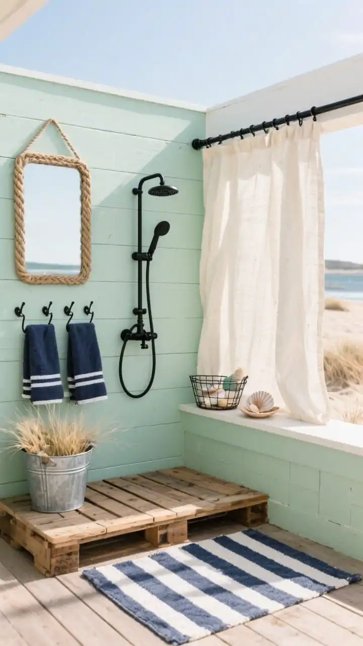 Wide shot, coastal outdoor shower corner: a reclaimed pallet wall painted sun-washed seafoam green with a matte black outdoor shower fixture; cedar slat platform floor with a striped navy-and-white outdoor rug; matte black hooks holding towels, a wire basket with soaps; decor includes a rope-framed mirror, a galvanized bucket planter with dune grass, and a small seashell dish on a ledge; canvas drop-cloth privacy curtain on a black pipe rod gently swaying; color palette of seafoam, sand, navy, and black accents; bright natural daylight with soft coastal shadows; photorealistic, no people.