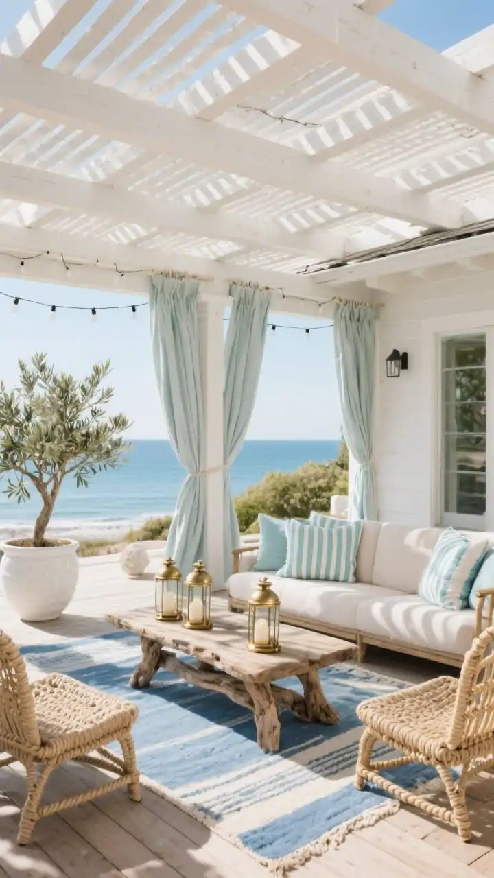Wide shot, coastal pergola with slatted shade and billowy curtains: A whitewashed pergola extending from a home’s eaves with angled slats casting striped sunlight over a pale teak deck; oyster-hued curtains tied back at each post ready to unfurl; underfoot a blue-and-ivory outdoor rug centered beneath a low-profile linen slipcovered sofa and woven rope lounge chairs; a driftwood-style coffee table with matte brass lanterns placed on and around it; olive trees in white ceramic planters; striped lumbar pillows in sea-glass blues; soft string lights zigzagging between beams; palette of crisp whites, sea-glass blues, and sandy neutrals; bright coastal daylight with filtered shade; photorealistic, no people, straight-on perspective.