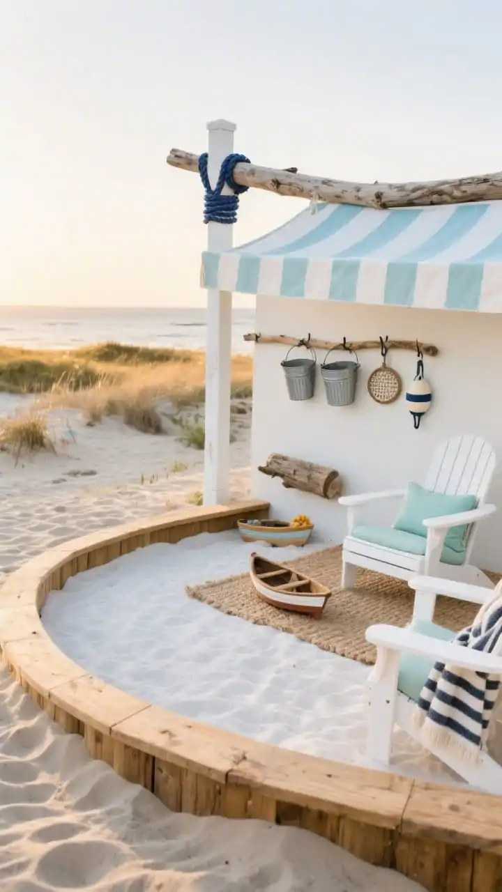 Wide shot, coastal sand cove backyard play area at golden hour: a low curved untreated timber border cradling a soft white play-sand pit; a weathered driftwood beam acting as a balance log; a pale blue-and-white striped sun canopy casting soft shade; navy rope accents on posts; a grounded mini wooden boat for pretend play; peg rail with galvanized pails and sieves; white Adirondack chairs with seafoam cushions on a woven jute outdoor rug; buoy-inspired wall hook and a striped outdoor throw on a chair arm; palette of soft whites, seafoam, navy, sandy beige; photorealistic, breezy coastal vibe, no people.