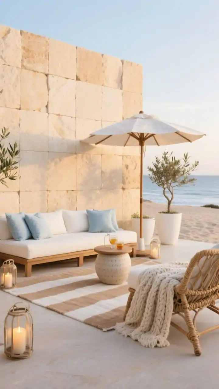 Wide shot, coastal sandstone lounge at golden hour: large-format buff sandstone slabs in a precise grid with thin sandy grout lines, warm creamy tone brightening the patio; low-profile teak sofa with white performance cushions, woven rope lounge chair, round ceramic drum side table holding drinks; chunky knit throw and pale sky-blue linen pillows; tall white planters with slender olive trees, striped outdoor rug in soft tan and cloud white; lanterns with warm LED candles scattered; a linen umbrella with wood pole casting soft breezy shade; palette of soft tan, cloud white, driftwood, and sky blue; photorealistic, no people, airy beachy calm.