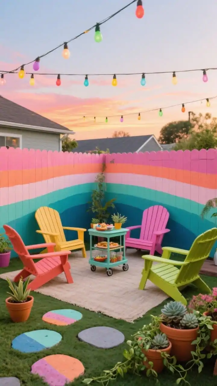 Wide shot, color-blocked play patio: a fence painted with a color-blocked mural of sunset pinks, coral, and teal in arcs and stripes; budget-friendly Adirondack chairs, each painted a different pop color, arranged around a compact rolling bar cart styled with snacks and small plants; neutral rug under seating to ground the palette; rounded, playful shapes echoed in planters and accessories; painted terracotta pots with succulents and trailing pothos; DIY painted stepping stones on the ground matching the mural colors; multicolor festoon lights strung overhead. Bright, cheerful early evening.