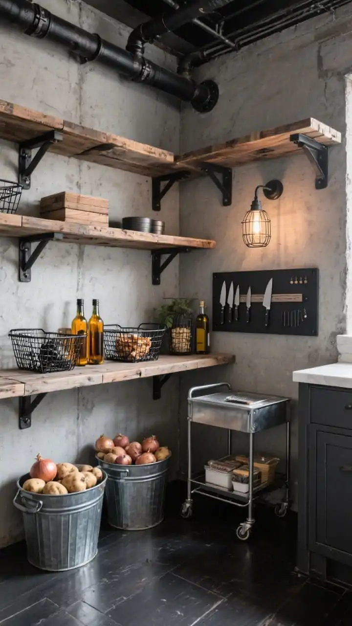 Wide shot, corner loft view: An industrial pantry with black iron pipe brackets supporting chunky reclaimed wood shelves against a concrete-look plaster wall; dark flooring, galvanized bins for potatoes and onions, matte black wire baskets for snacks, amber glass bottles for oils, a magnetic knife strip, and a rolling metal cart for backup staples; industrial cage sconces on dimmers casting dramatic, directional light; photorealistic, edgy and organized.