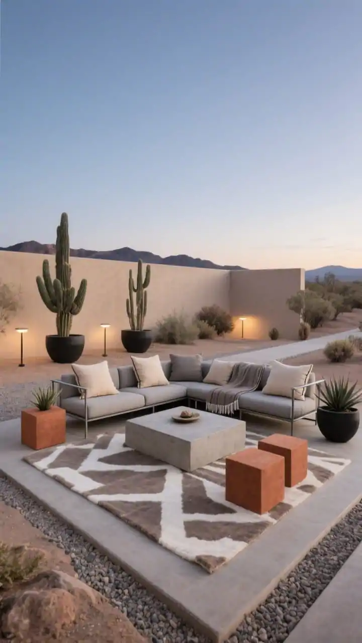 Wide shot, Desert Modern Lounge With Earthy Minimalism: low, linear arrangement with a modular aluminum-frame sofa in driftwood gray and sand-colored cushions; concrete-look coffee table centered on a taupe-and-ivory geometric outdoor rug; minimal decor featuring two terra-cotta cube side tables; matte-black planters with structured agave and cacti; discreet up-lights in planters and low bollard lights along a gravel pathway; color story of sand, stone, charcoal, and rust; linen-look pillows with subtle piping and a fringeless throw; stark, calm composition under open sky, straight-on view at twilight.