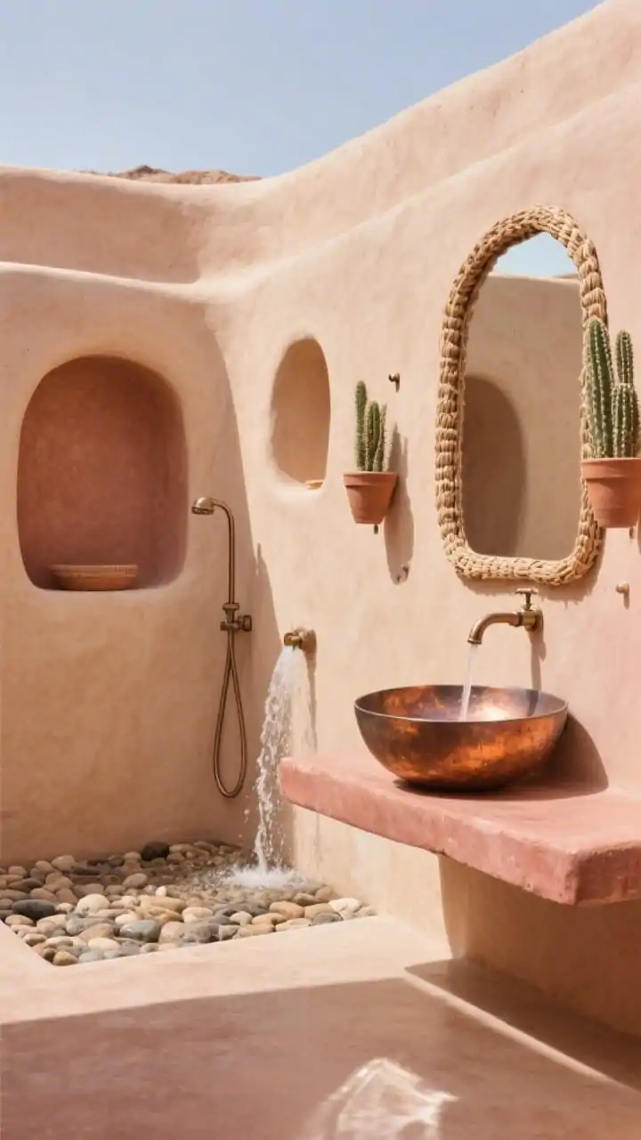 Wide shot, desert spa with adobe curves: rounded adobe-style walls in warm sand tone with organic niches, wall-mounted spout pouring a mini waterfall into a shallow pebble bed, discreet hand shower, terracotta plaster surfaces and smooth microcement floor glowing in sun, hammered copper sink on a plaster ledge with raw-edged mirror above, woven wall hooks, cacti in clay pots; palette of sand, terracotta, clay pink, burnished copper; low sun warm lighting with soft shadows; photorealistic, corner angle.