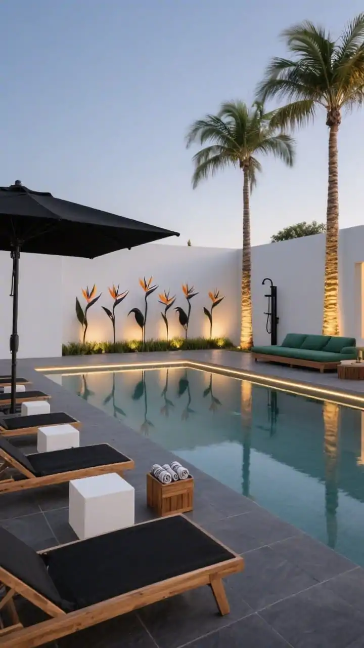 Wide shot, dusk: A minimalist palm court with a crisp rectangular pool edged in charcoal porcelain pavers, water reflecting like glass. Slim teak loungers with black sling fabric line the deck alongside low cube side tables and a streamlined outdoor daybed. Tall king palms stand like columns at the far edge with a row of sculptural bird-of-paradise in front. In-ground uplights wash palm trunks in warm gold; subtle LED strip lights trace the pool coping. Include an oversized black cantilever umbrella, a matte-black outdoor shower, and a teak caddy holding rolled Turkish towels. Palette: black, teak, crisp white, deep green. Photorealistic, straight-on view.
